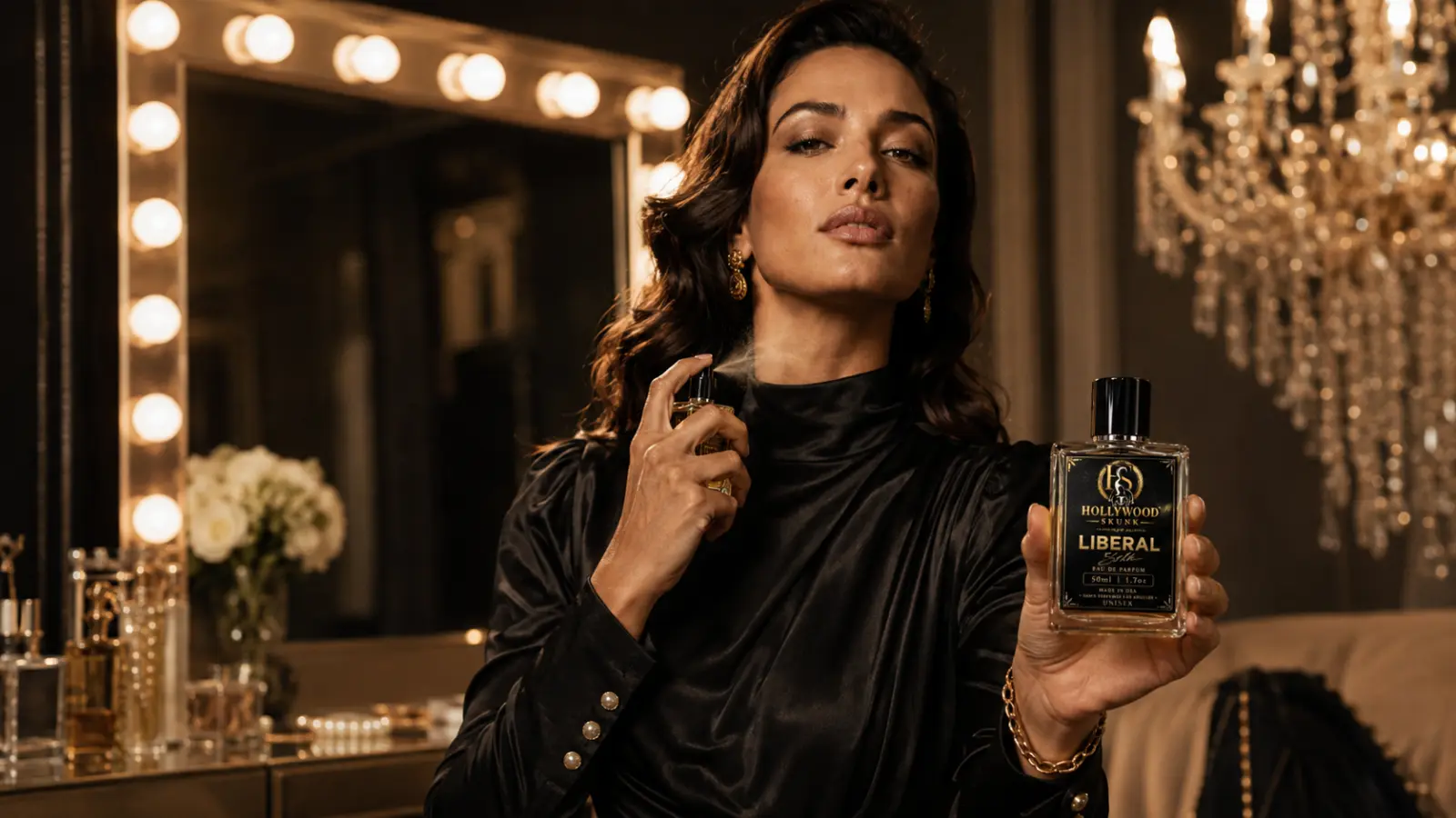 Hollywood Skunk muse spraying and presenting LIBERAL fragrance